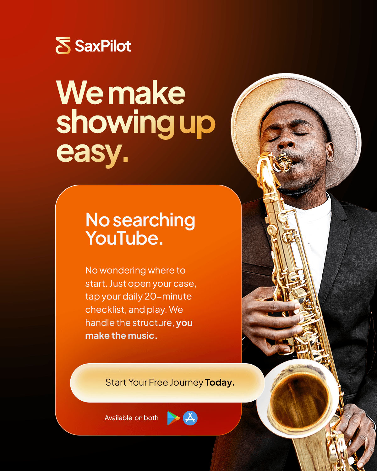 SaxPilot brand poster showing a saxophonist